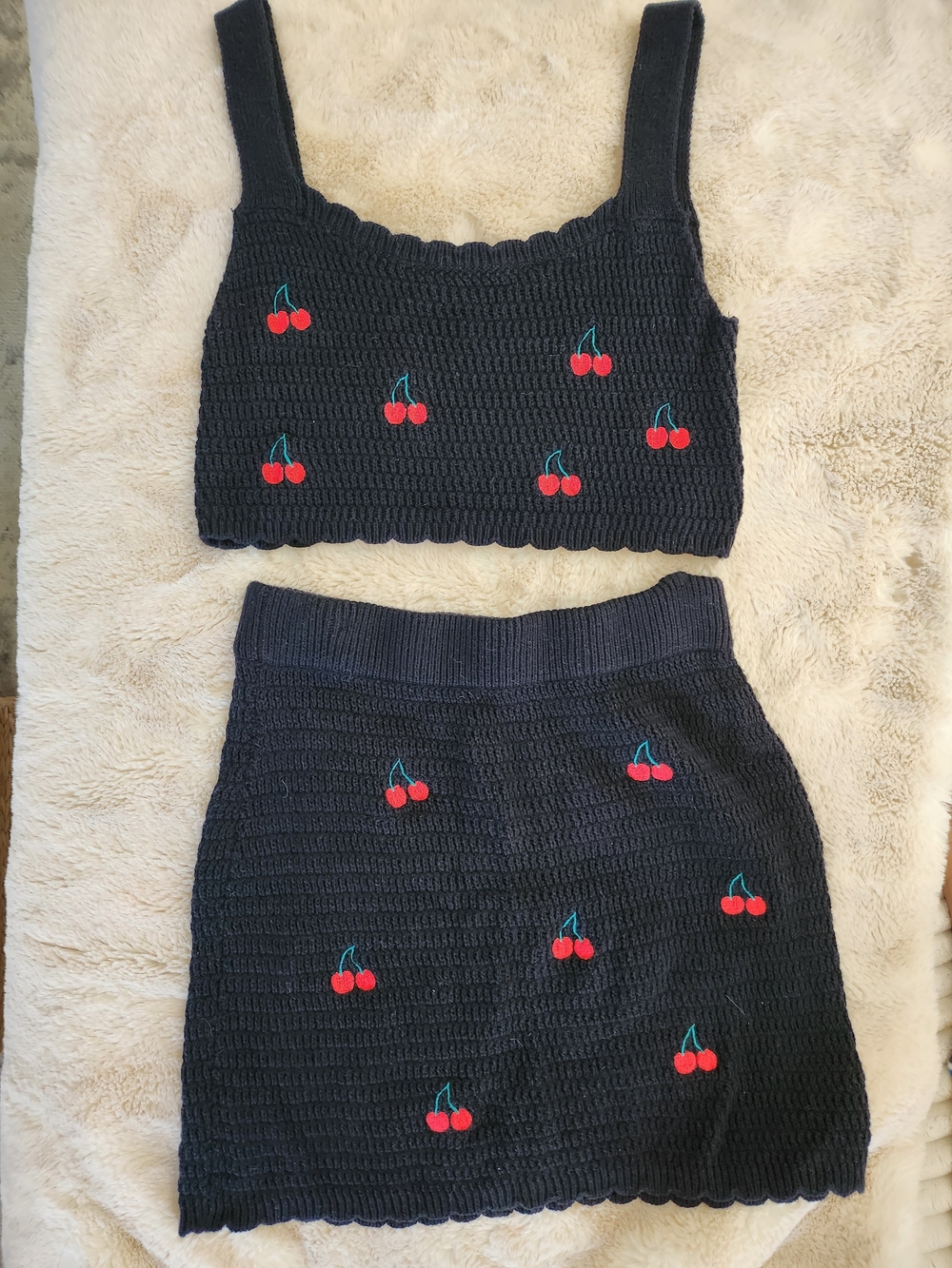 wild fable Black Crochet Cherry Crop Top & Mini Skirt Set